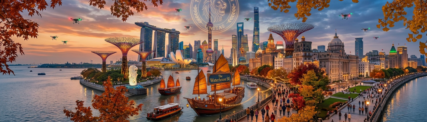 Shanghai skyline with boats on the Huangpu River at sunset