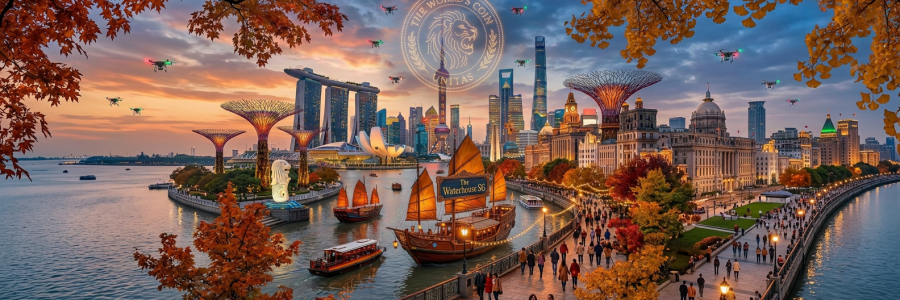 Shanghai skyline with boats on the Huangpu River at sunset